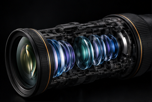 Cutaway view of the Nexus lens revealing its internal glass elements in blue and violet coatings