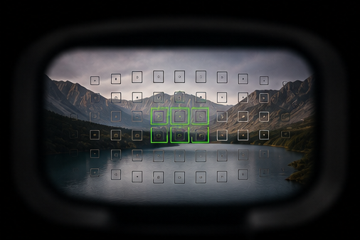 View through the X1 viewfinder showing a mountain lake scene with a grid of autofocus points, the active points highlighted in green