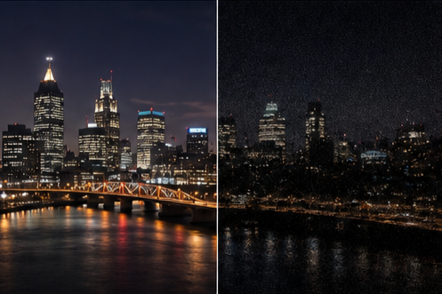 Side-by-side comparison of a night city skyline: clean and detailed on the left with the X1, dark and noisy on the right with a conventional camera