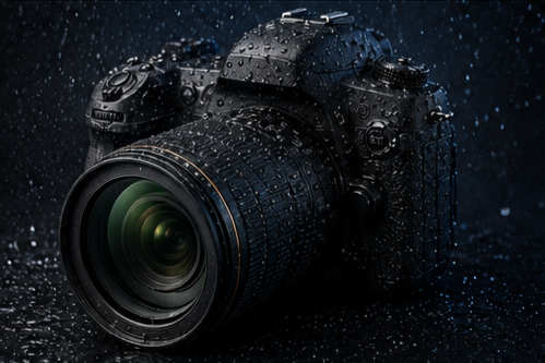 The Nexus X1 covered in rain droplets, photographed in heavy rain against a dark background