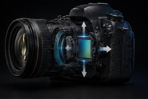 Cutaway of the X1 showing the sensor suspended on its stabilization mount, with glowing arrows indicating five-axis movement